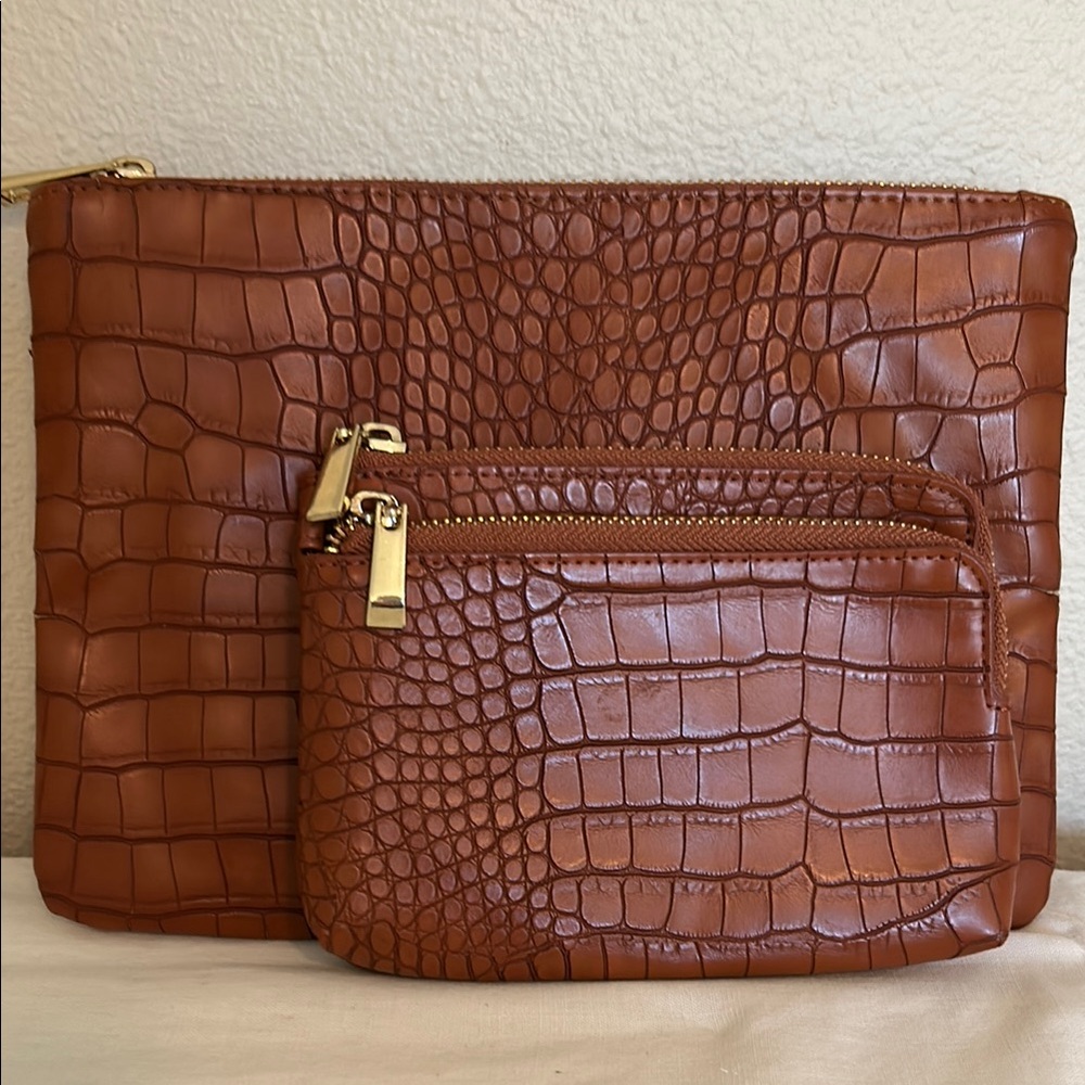 Brown Faux Crocodile Embossed Clutch and Pouch Set